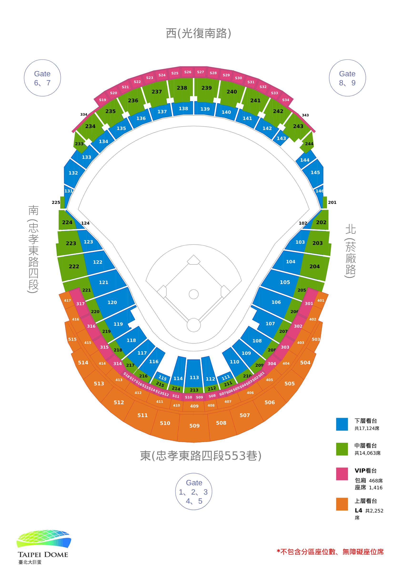 遠雄官方全場固定座位配置，含各層區號及 Gate 1 至 9